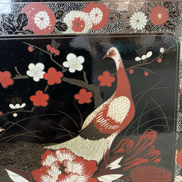 Vintage Japanese Peacock Lacquerware Tray Black & Gold Floral Large 19” x 11” - Picture 2 of 8
